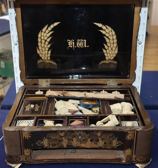 A Chinese lacquer work box, including ivory sewing items 33cm wide x 24cm deep x 13cm high